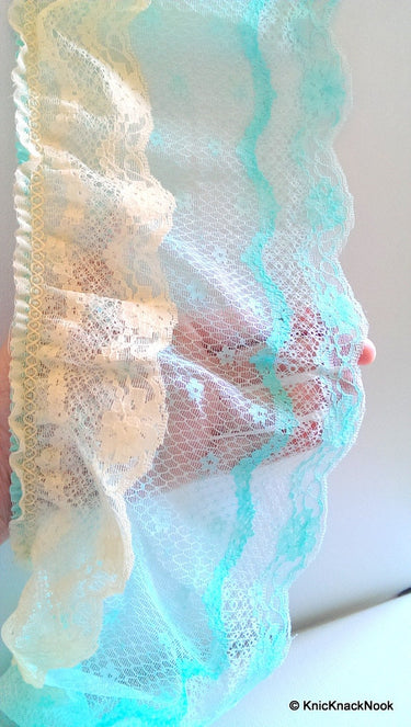 Wholesale Blue And Beige Floral Net Lace Trim Ribbon 16cm wide, Trim By 9 Yards, Fringe Trim Blue Decorative Lace Craft Ribbon